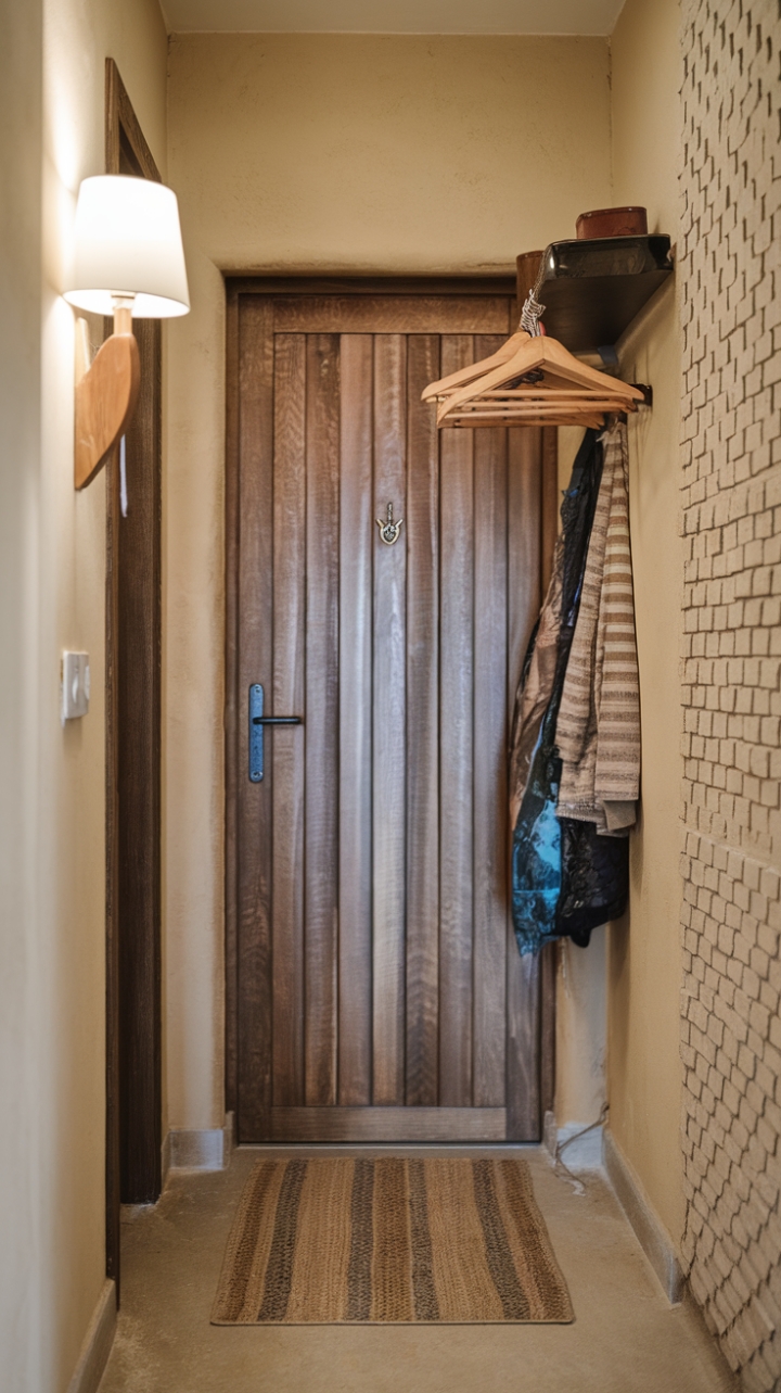 Sleek and Functional Entryway Featuring Textured Walls and Minimalist Design