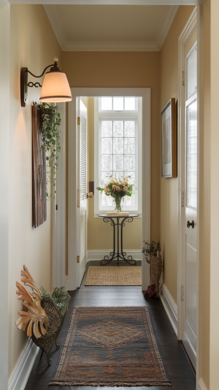 Charming Entryway with Warm Beige Walls and Fresh Florals