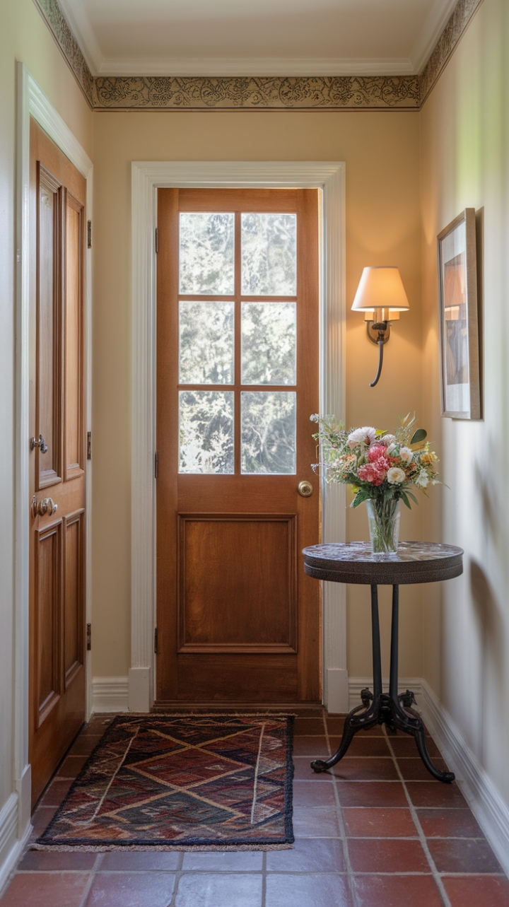Cozy Entryway Charm with Tiled Floor and Soft Lighting