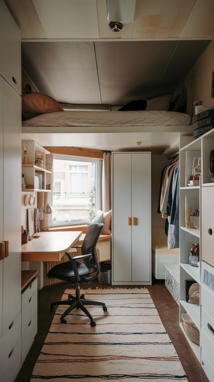 Efficient Small Space Design: Cozy Loft Bed and Organized Storage