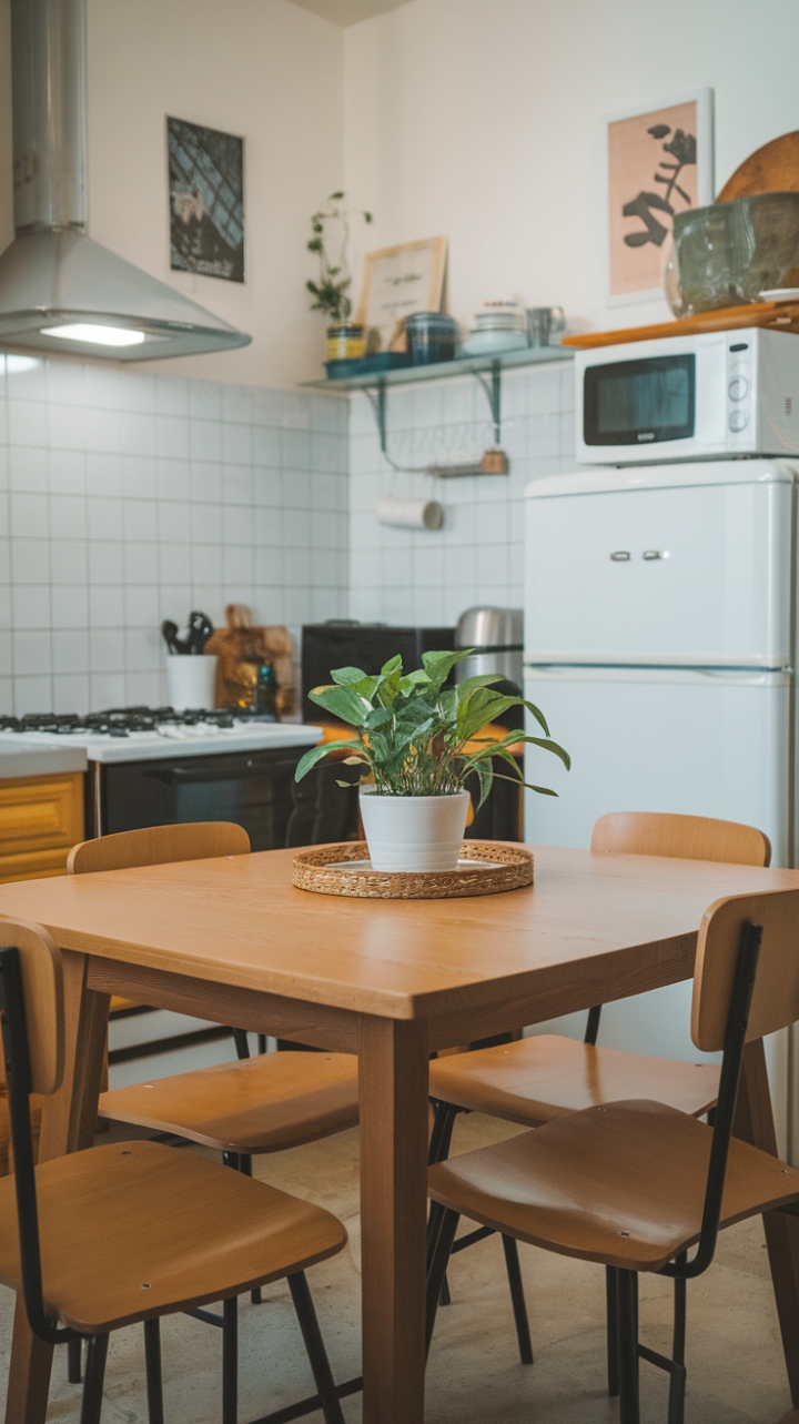 Cozy Space-Saving Kitchen Corner with Wooden Table and Lush Plant