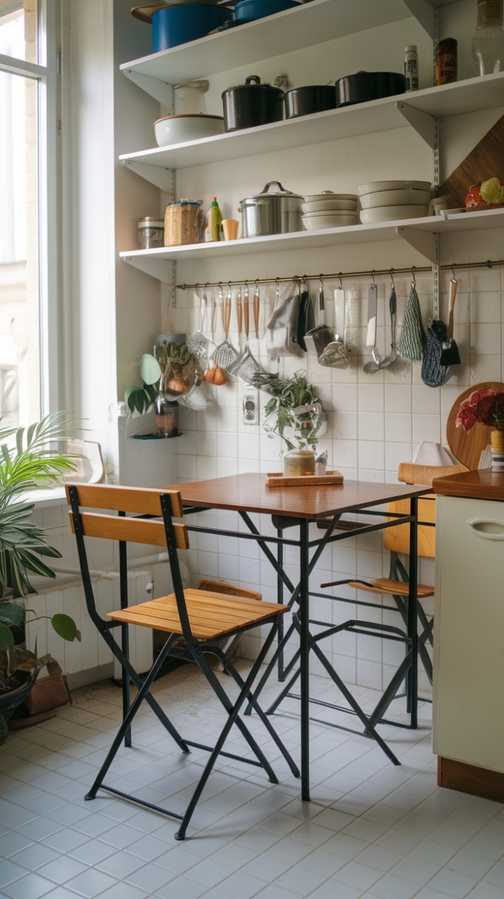 Stylish Small-Space Kitchen with Wooden Table and Shelves