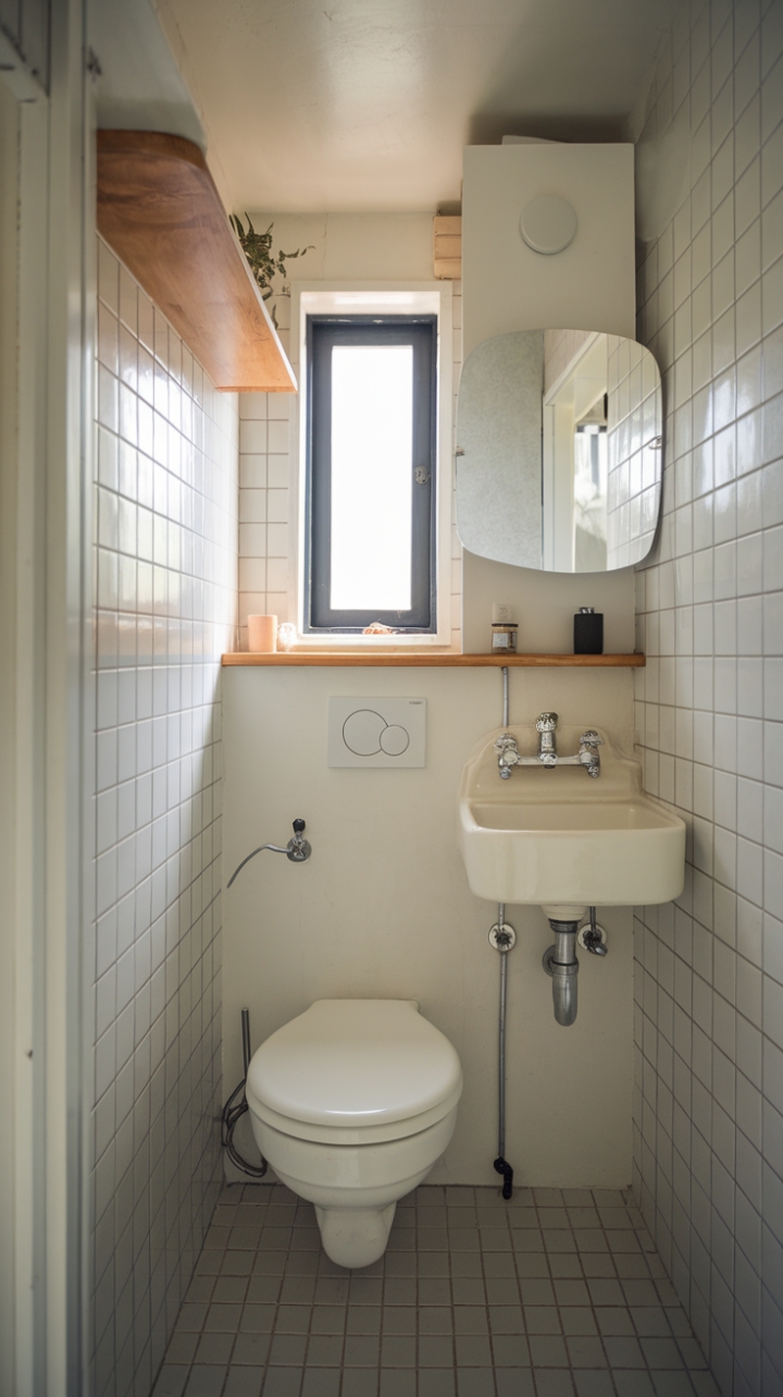 Smart Small Bathroom Design with White and Wood Accents