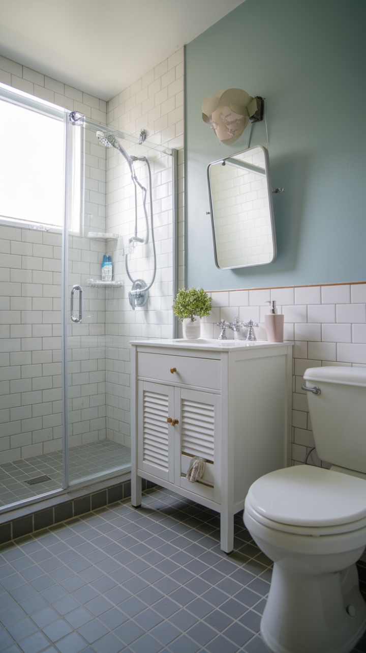 Serene Small Bathroom with White Vanity and Blue Accents