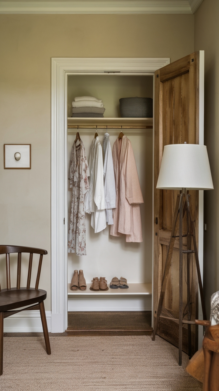 Cozy Wooden Door and Beige Walls in a Compact Closet