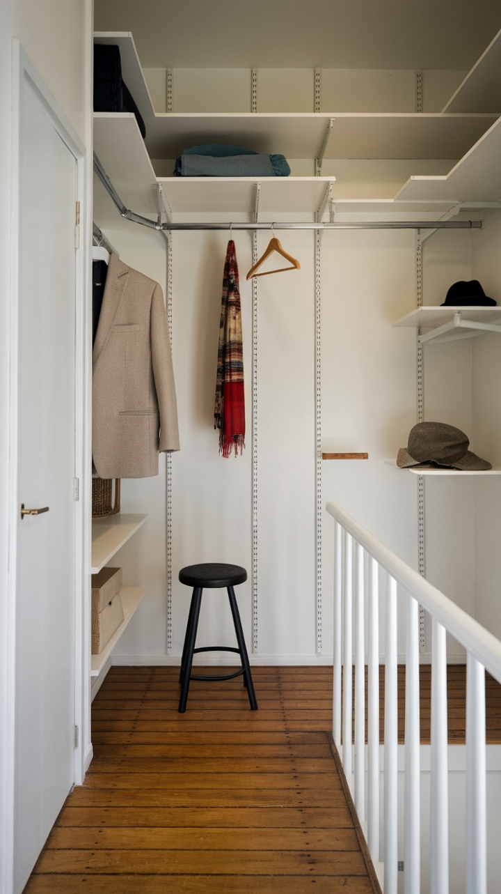 Functional Charm: Minimalist Closet with White Railing and Wooden Accents