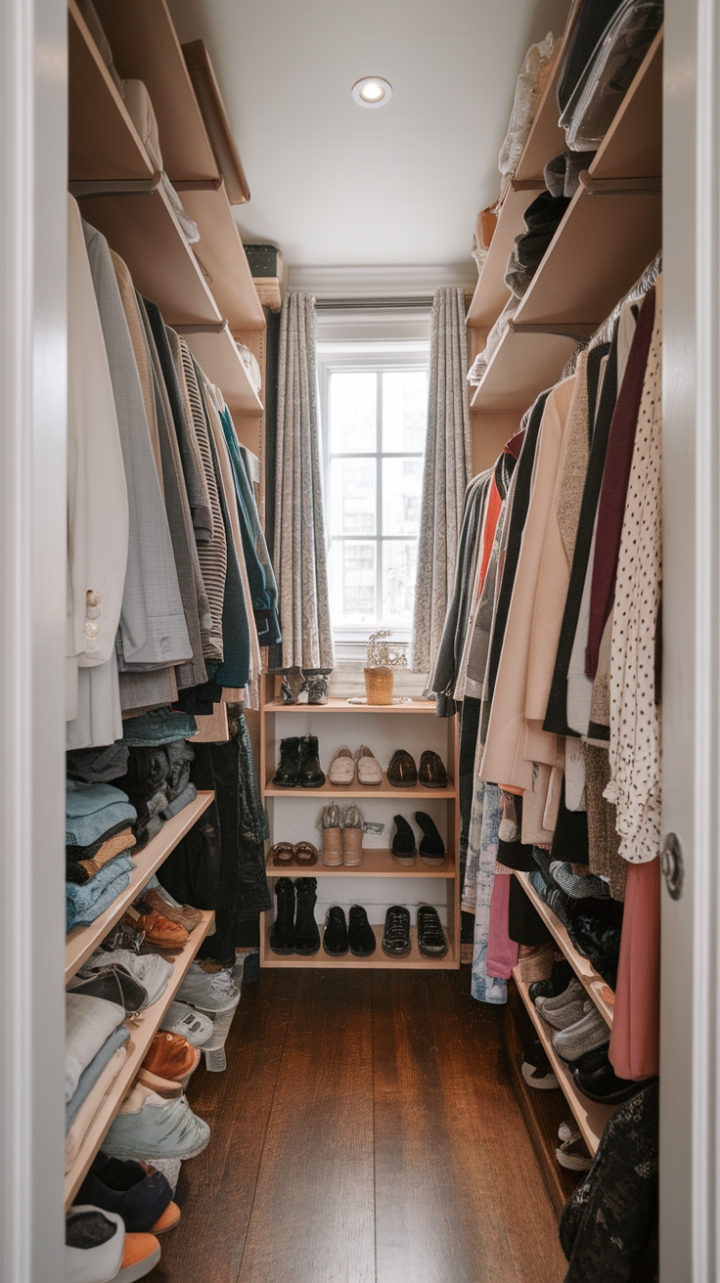 Smart Storage: A Compact Walk-In Closet with Wooden Floors and Thoughtful Organization