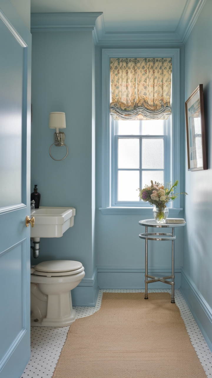 Serene Powder Room with Calm Blue Walls and Natural Accents