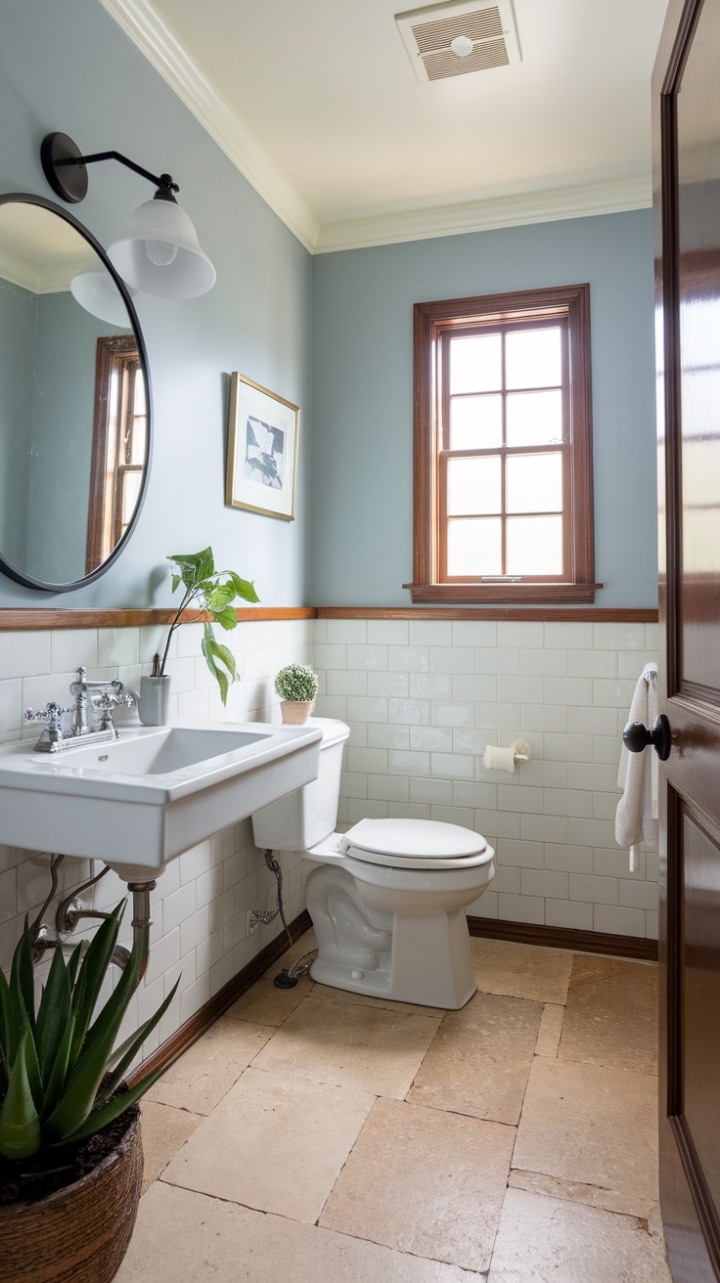 Calm and Modern Half Bath with Blue Palette and Green Accents