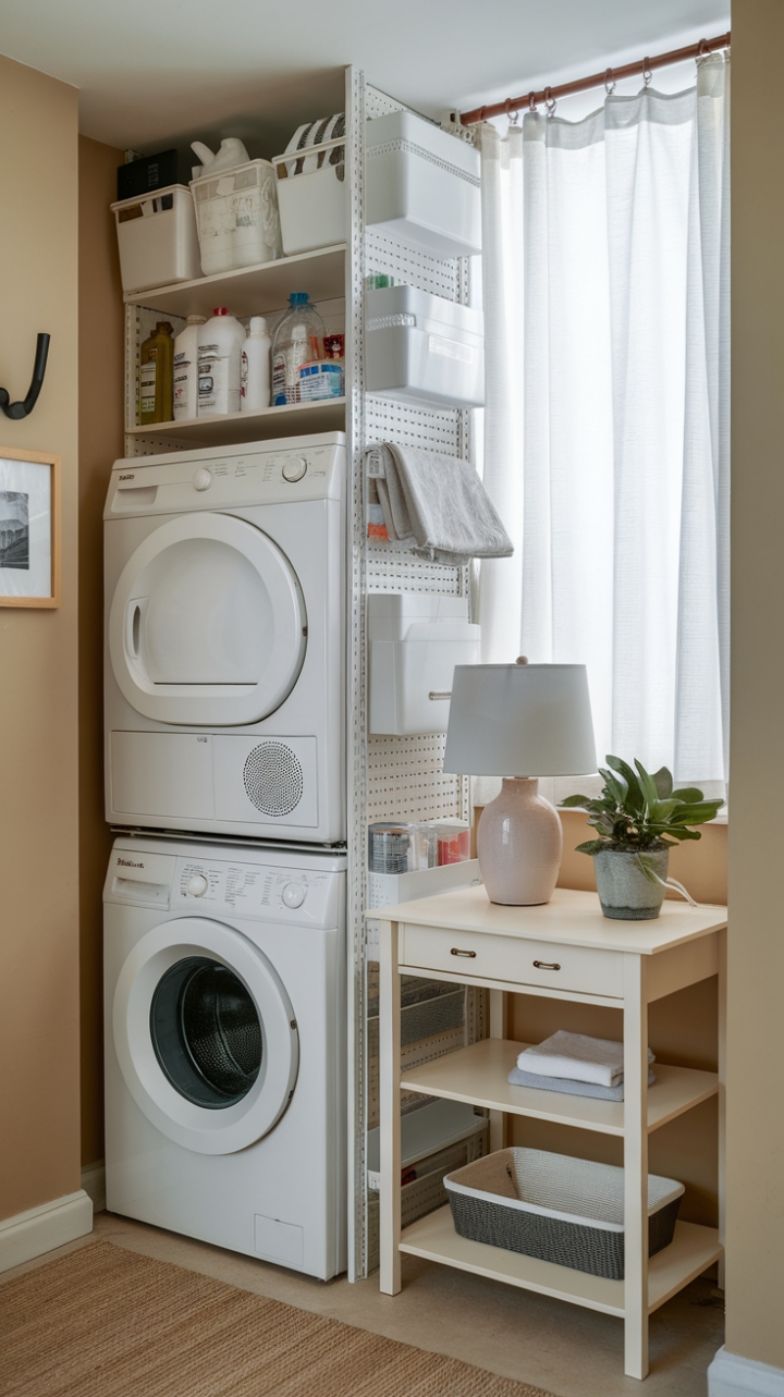 Cozy Beige Laundry Corner with Vertical Storage