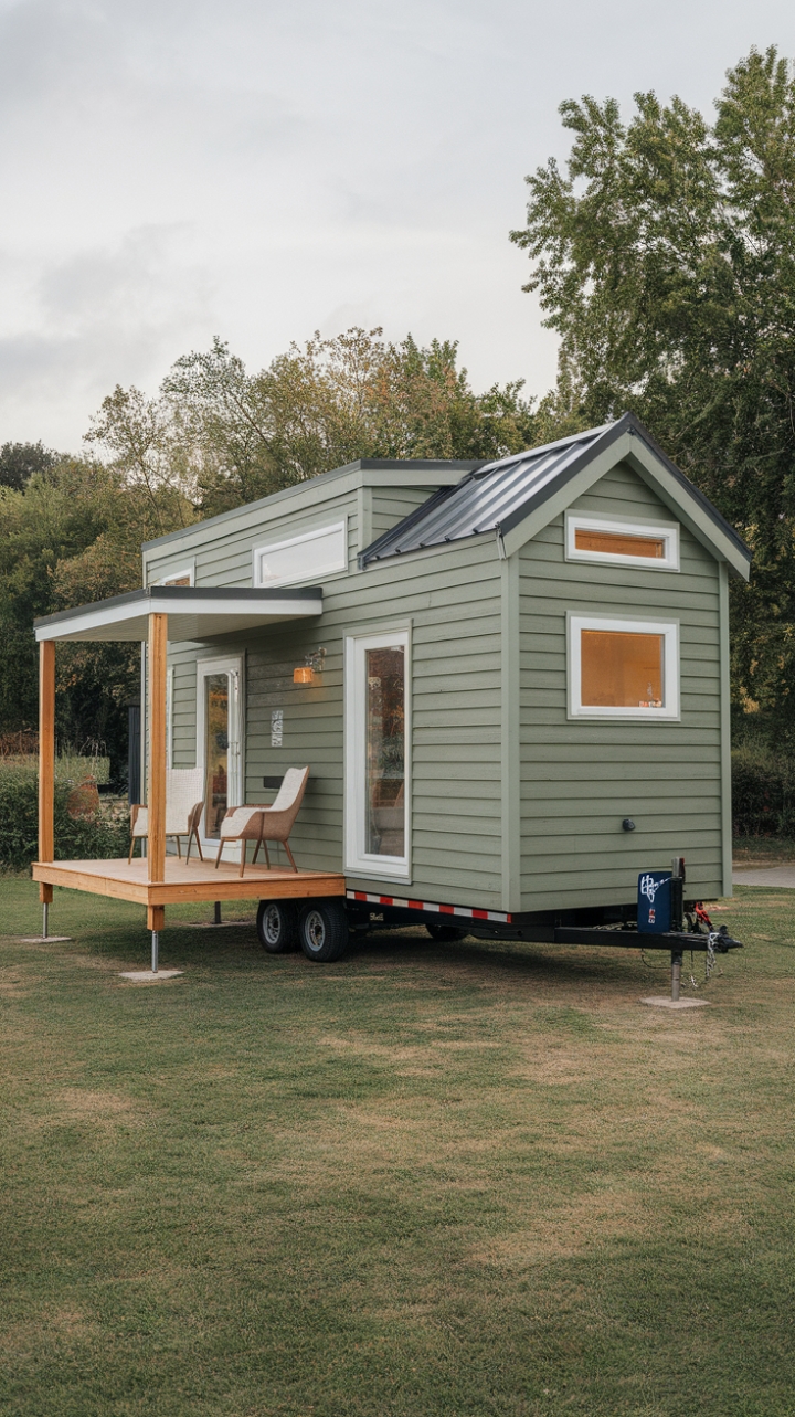 Vibrant Green Tiny House with Cozy Porch in Nature