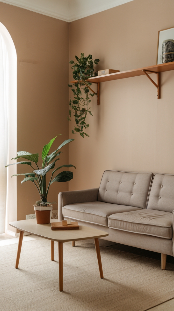 Cozy Compact Living Space Enhanced by Natural Elements and Functional Shelving