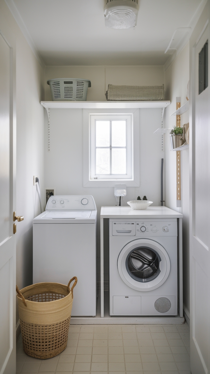 Compact Laundry Space with Shelving and Natural Light