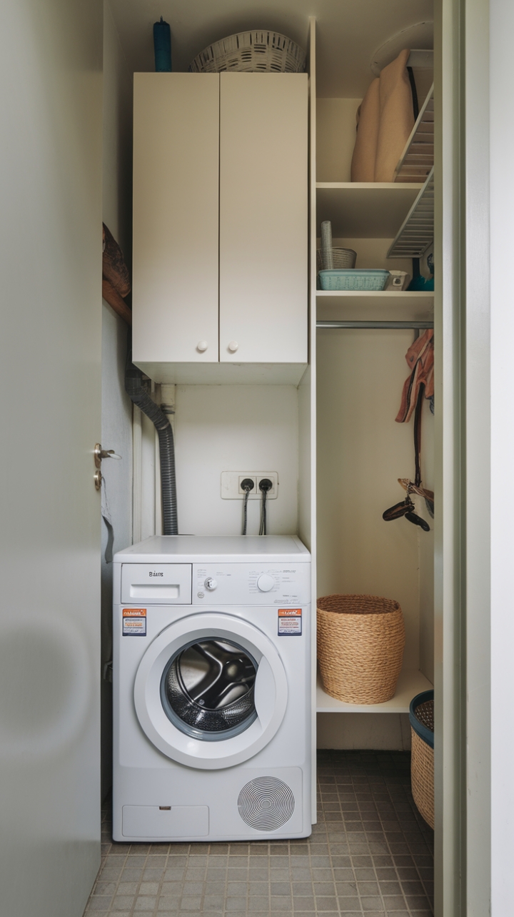Efficient Narrow Laundry Area with Clever Storage