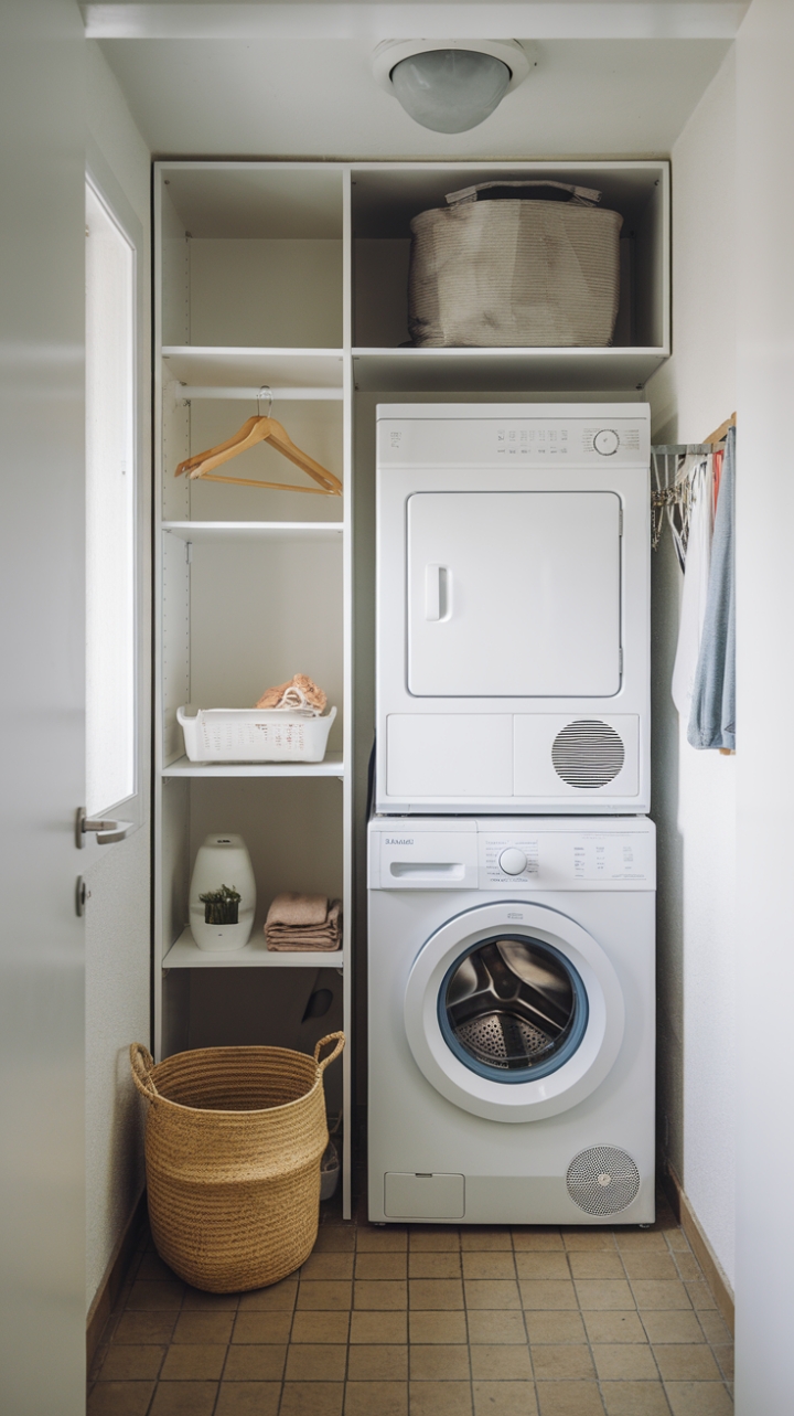 Efficient Compact Laundry Space with Functional Storage and Sunlit Ambiance