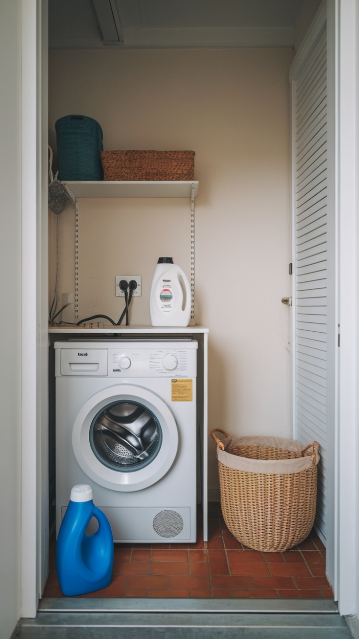 Efficient Small Laundry Room with Tiled Floor and Smart Storage
