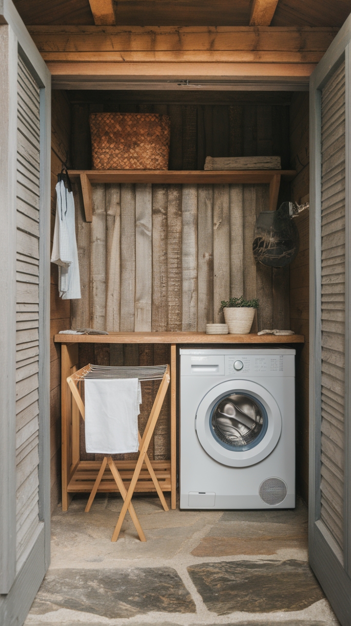 Functional Farmhouse Laundry with Wooden Walls and Stone Floor