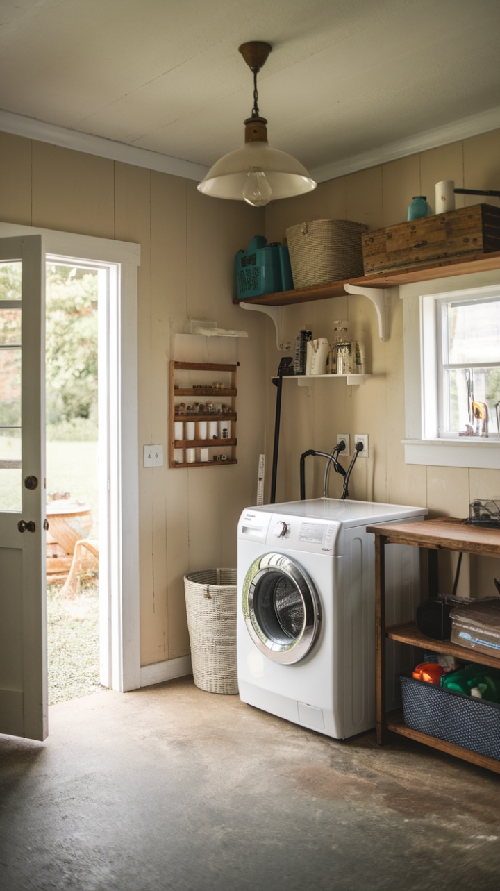 Country Comfort: Beige Walls and Wooden Shelves in a Farmhouse Utility Space