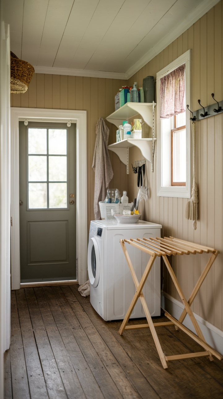 Stylish Farmhouse Laundry Space with Warm Wood Tones