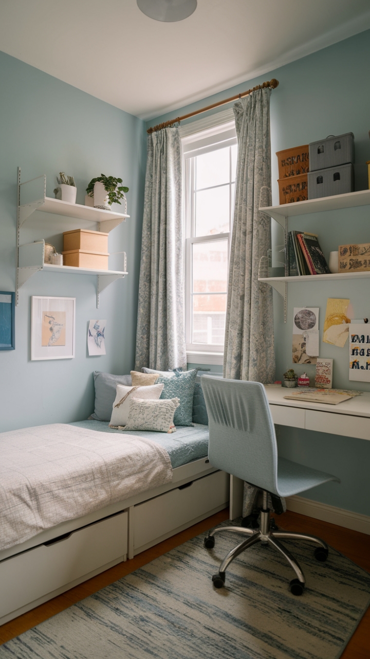 Smartly Designed Teen Bedroom Maximizes Space with Calm Blue Tones