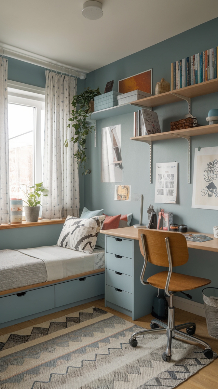 Small Space Serenity: A Youth Bedroom with Thoughtful Organization