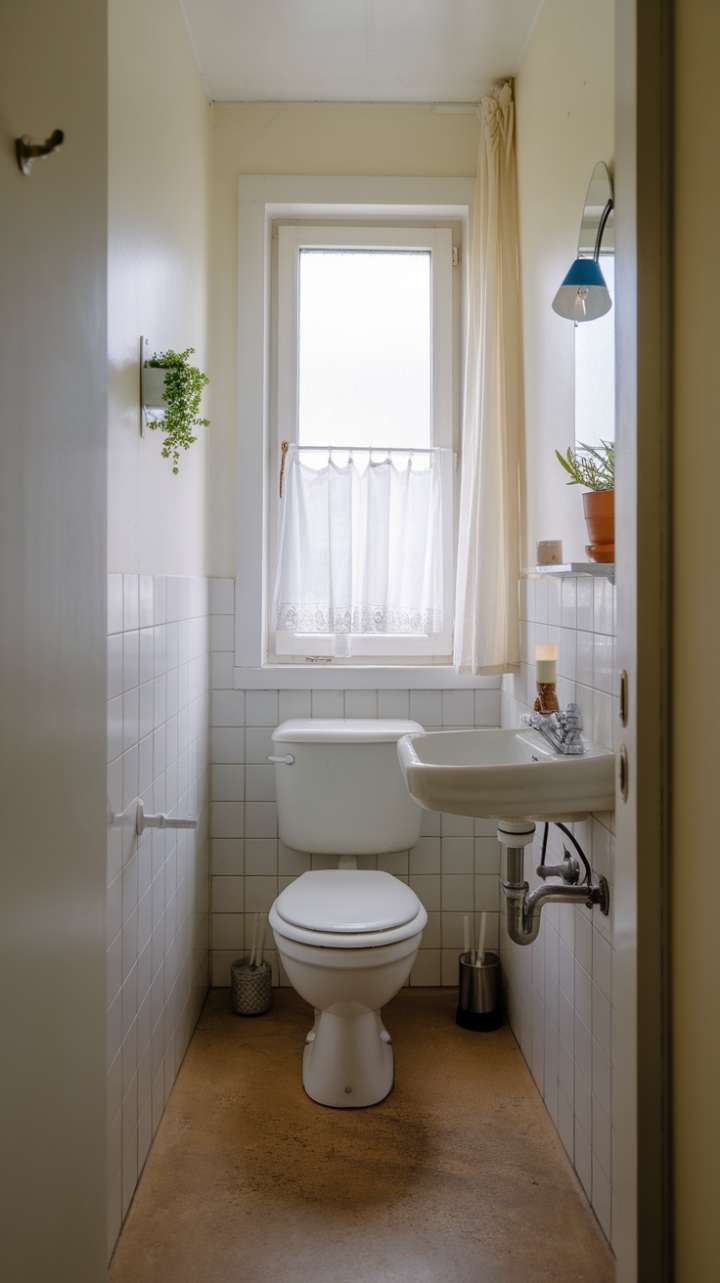 Cozy Compact Bathroom with Natural Light and Greenery