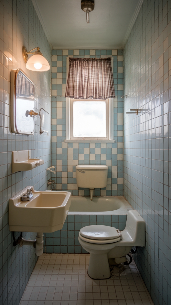 Retro Charm: A Blue and White Bathroom Retreat