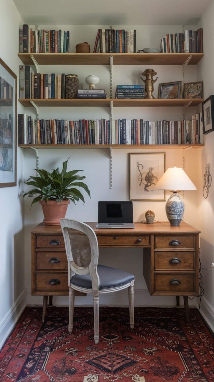 Cozy Corner: Wooden Desk and Vintage Chair Create a Perfect Work and Reading Spot
