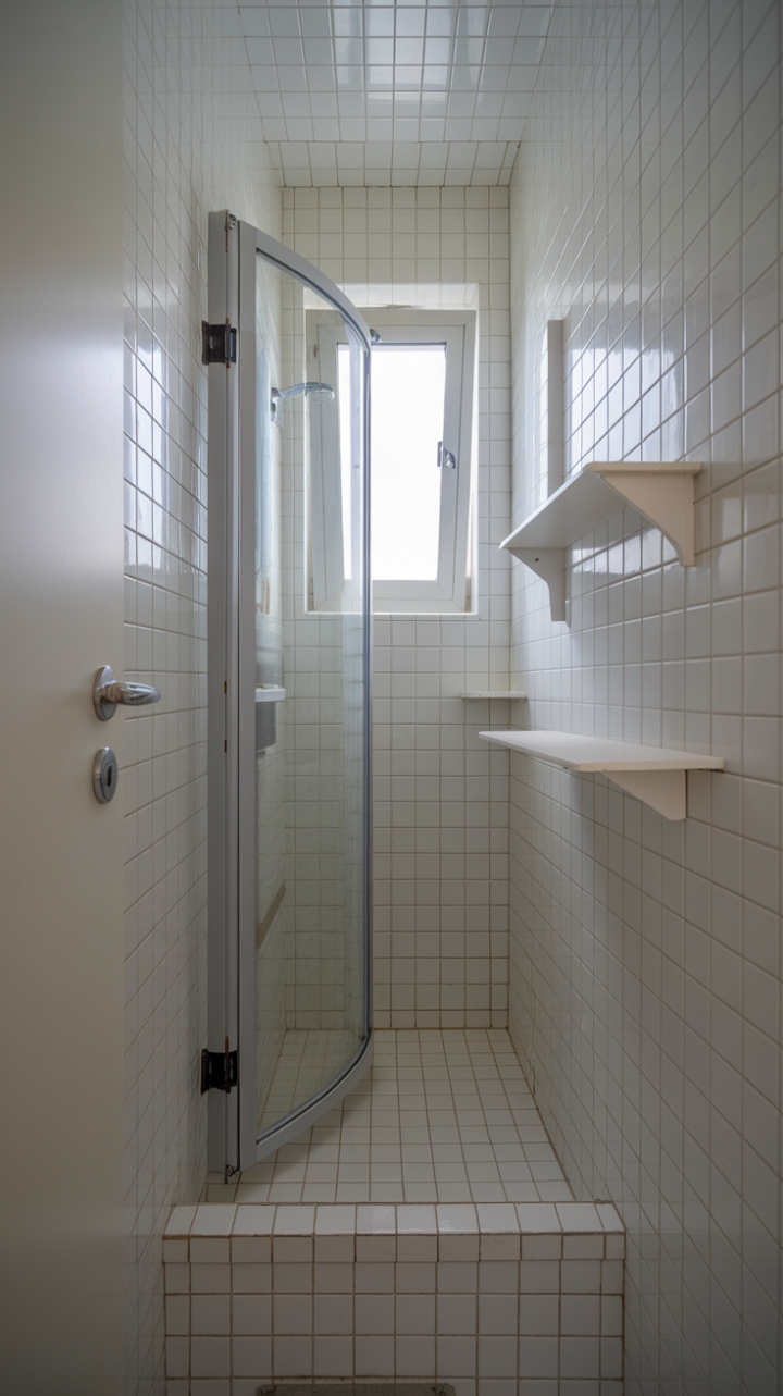 Minimalist Shower Space with Narrow Entrance and Chrome Accents