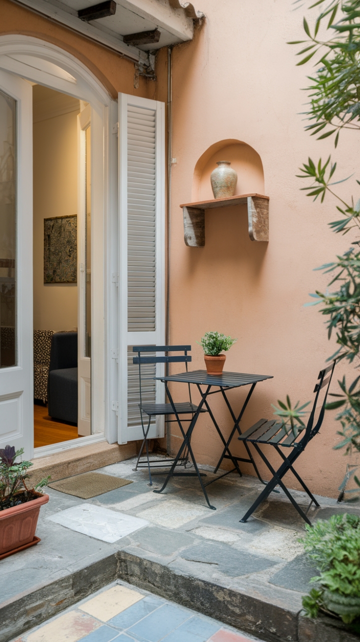 Intimate Stone Patio with Greenery and Tiled Accents
