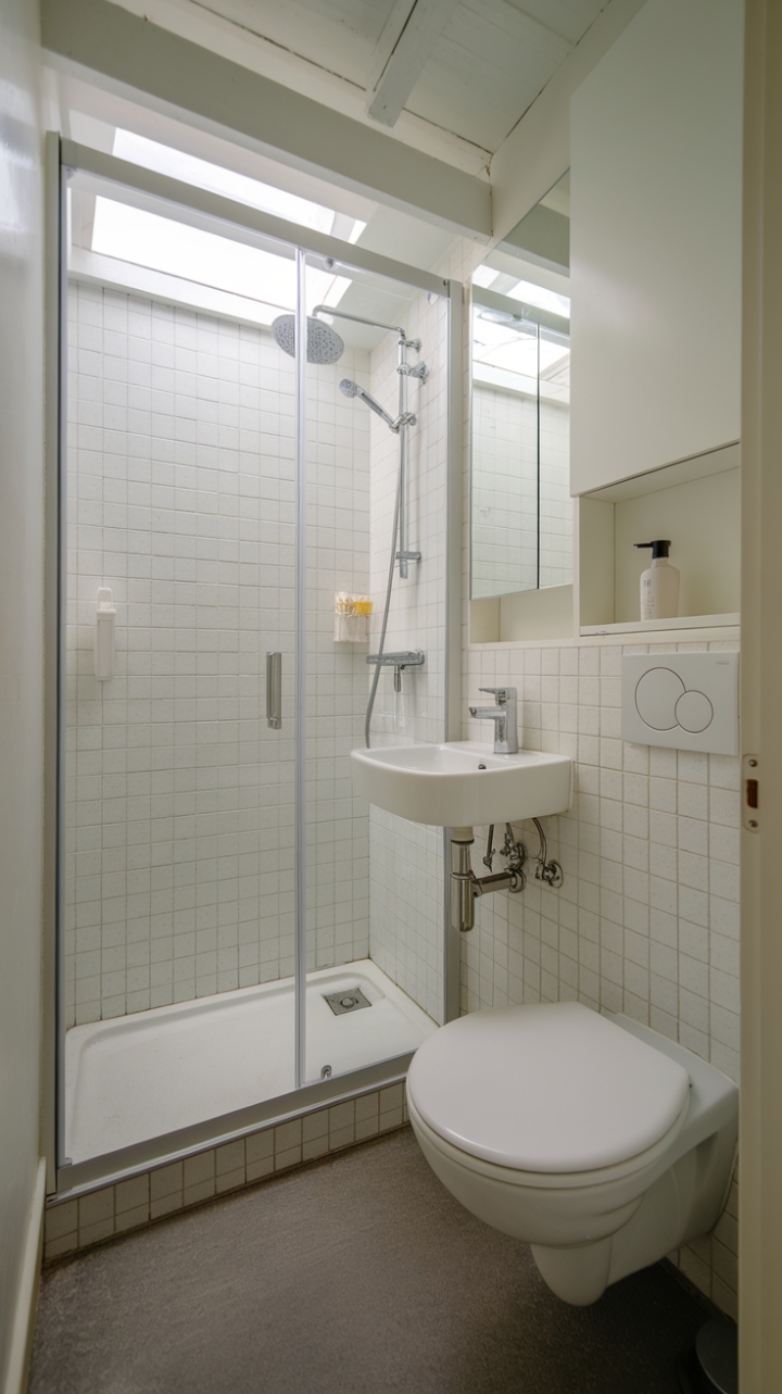 Efficient White Ensuite with Glass Shower and Wall-Mounted Sink