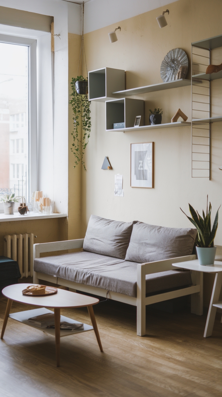 Smart Space: Cozy Living Room with Versatile Furniture and Warm Details