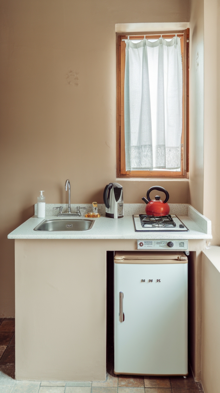 Cozy Micro Kitchen with Warm Tones and Practical Essentials
