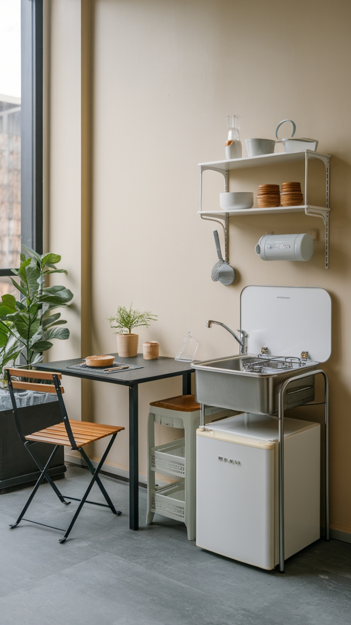 Compact Kitchen with Neutral Tones and Green Touches