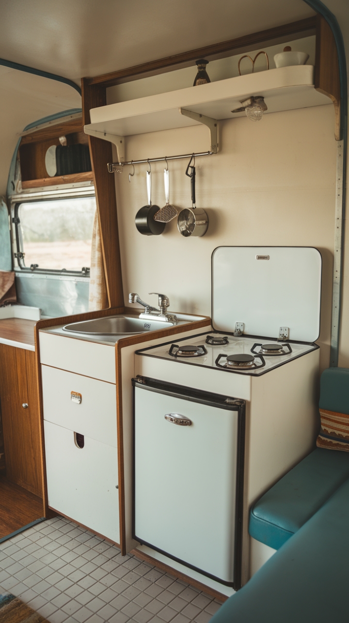 Charming Vintage Caravan Kitchen Maximizes Space with Rustic Charm