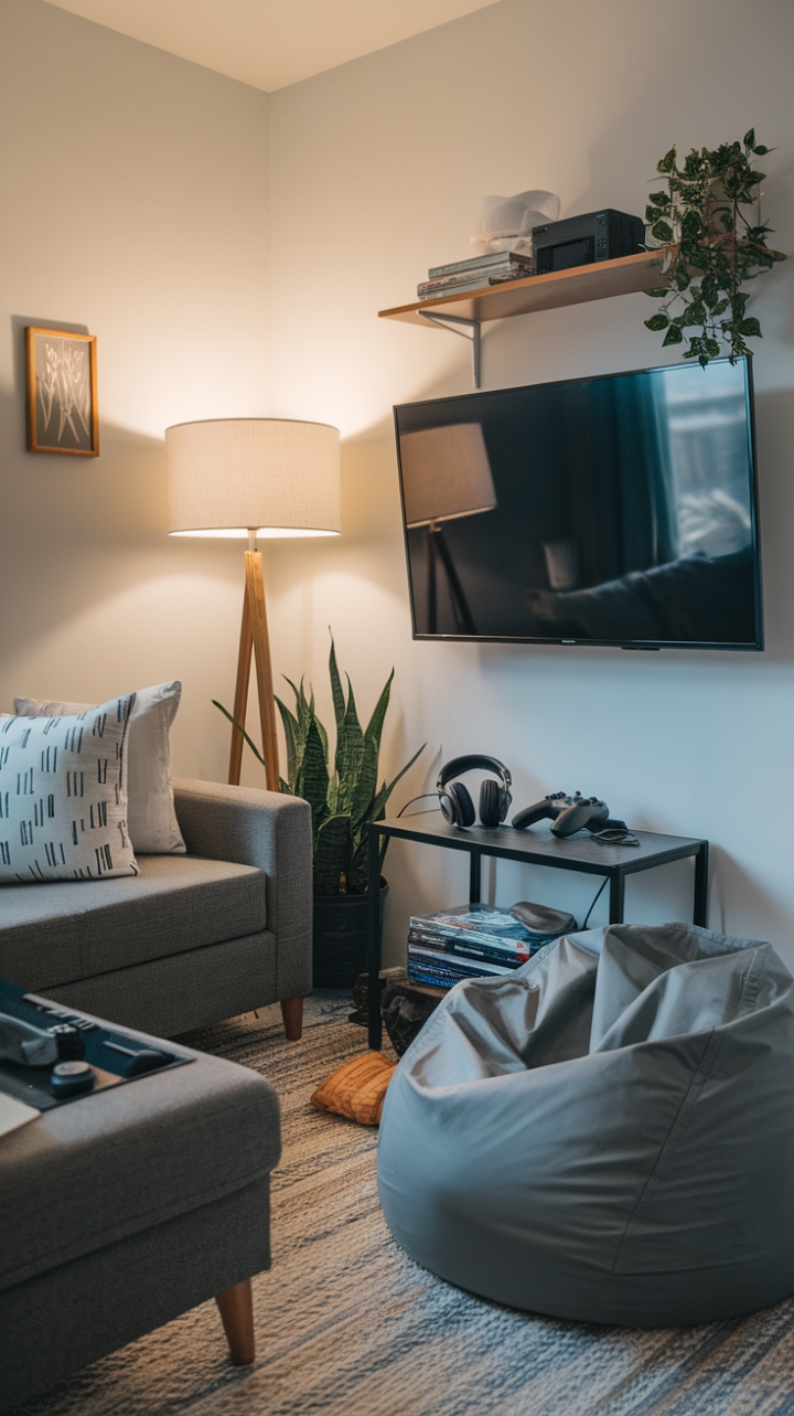 Cozy Gaming Nook with Comfortable Seating and Warm Accents