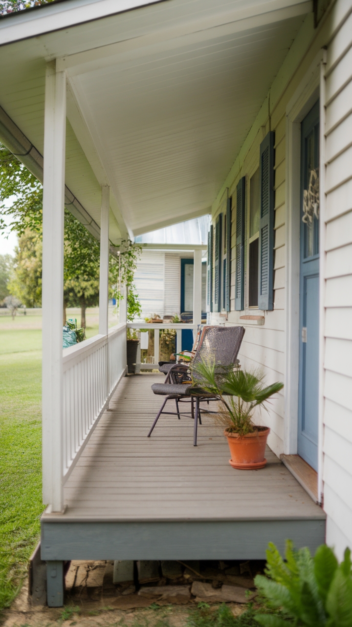 Charming Porch Retreat with Classic White House and Lush Surroundings