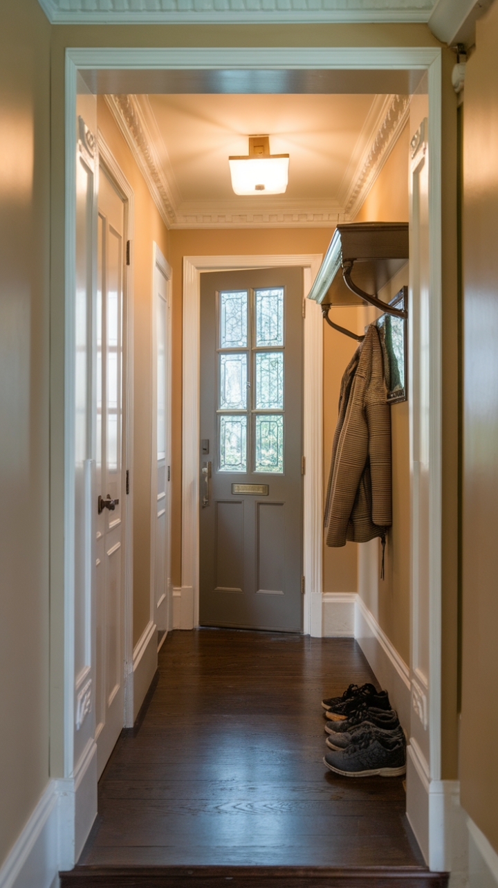 Sophisticated Compact Entryway with Dark Hardwood and Organized Storage