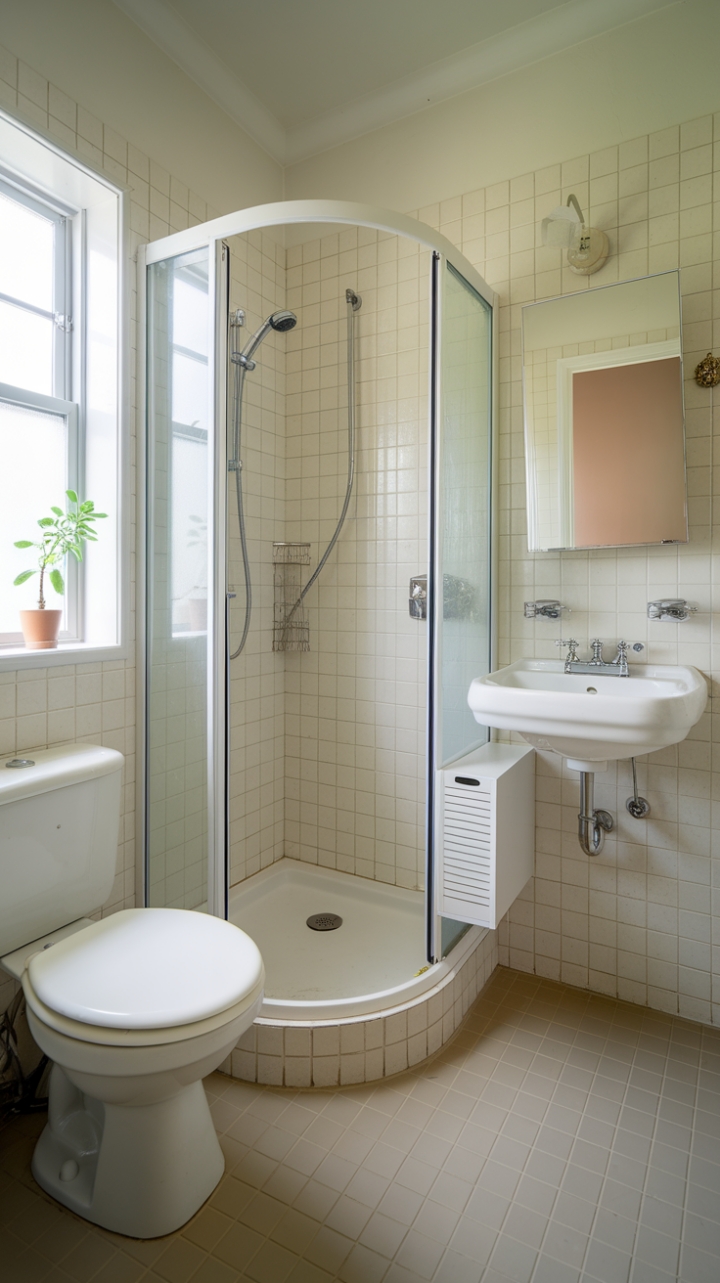 Minimalist Ensuite with Neutral Tones and Fresh Greenery