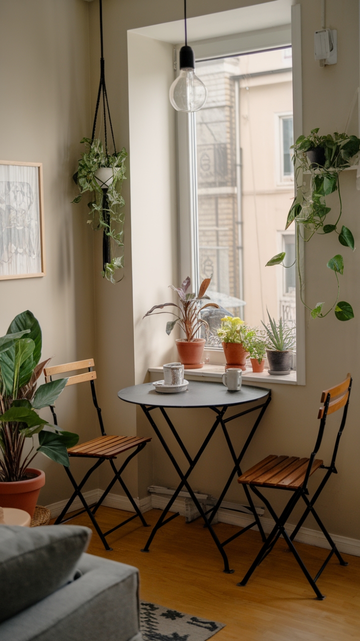 Intimate Corner with Round Table, Lush Plants, and Soft Lighting