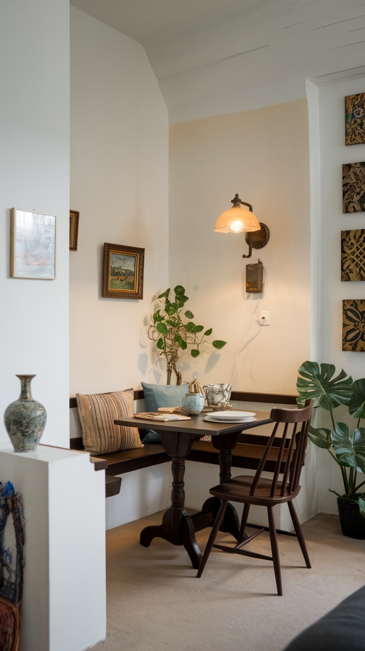 Inviting Corner: Dark Wood Table and Vintage Accents for a Stylish Dining Space