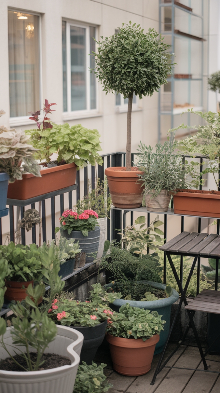 Cityscape Serenity: An Intimate Balcony Garden with Lush Greenery and Urban Charm