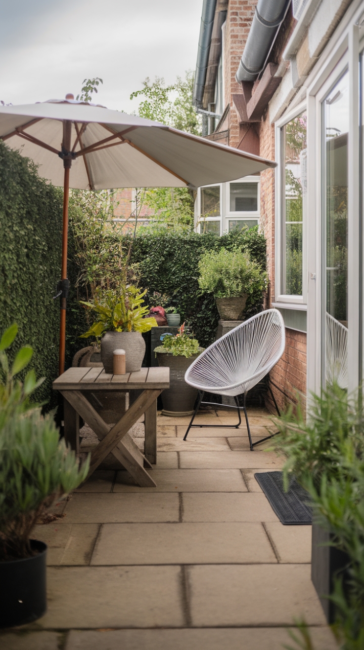 Charming Small Patio with Lush Greenery and Rustic Charm