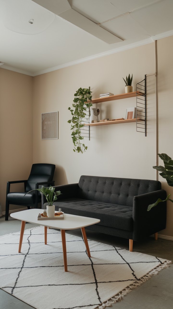 Modern Cozy Studio with Dark Gray Sofa and Green Touches