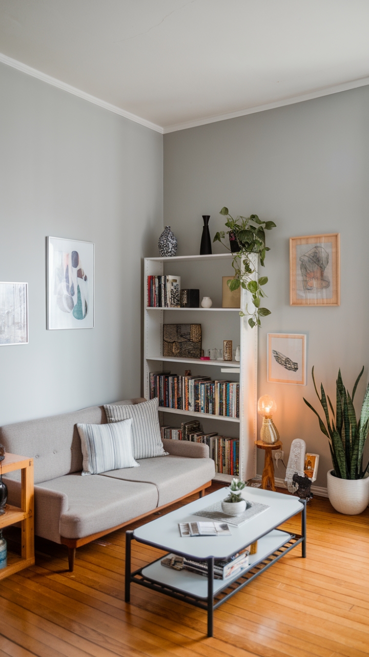 Charming Compact Studio with Warm Gray Tones and Thoughtful Decor