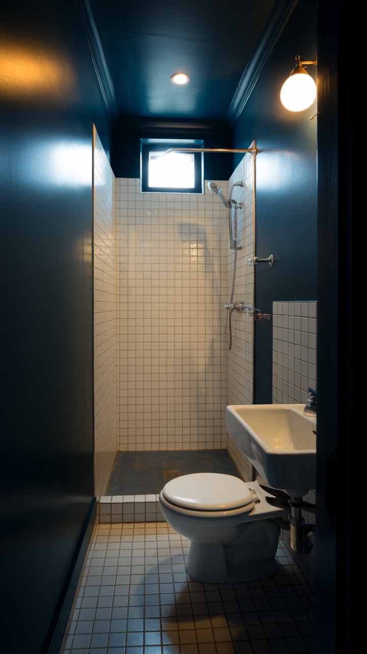Deep Blue Elegance: Cozy Sophistication in a Compact Bathroom