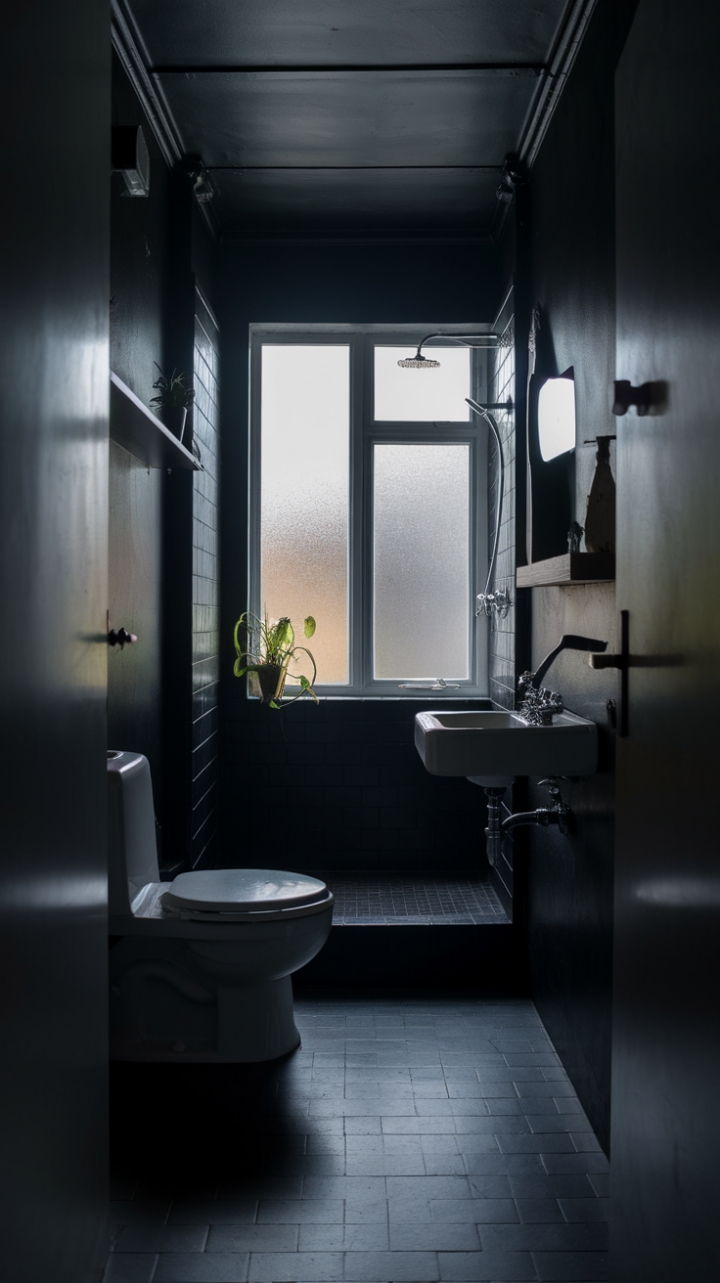 Moody Small Bathroom Transformed into a Cozy Retreat