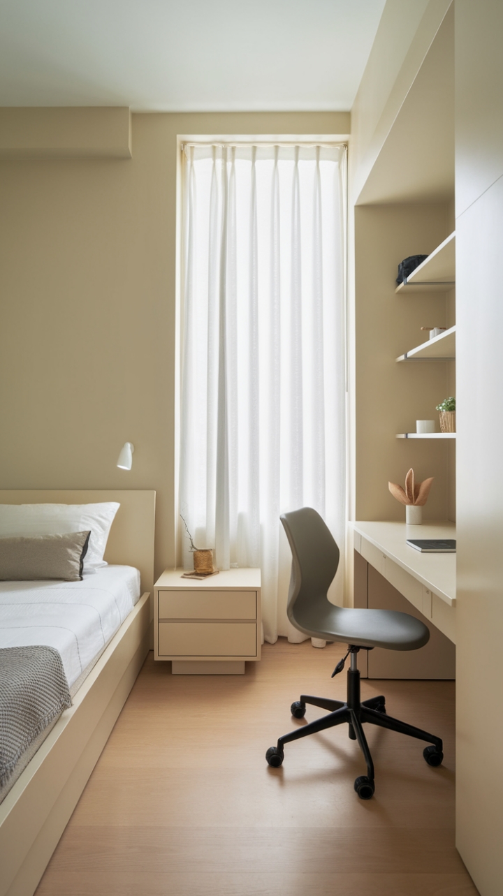 Serene Space: A Calm and Practical Small Bedroom Design