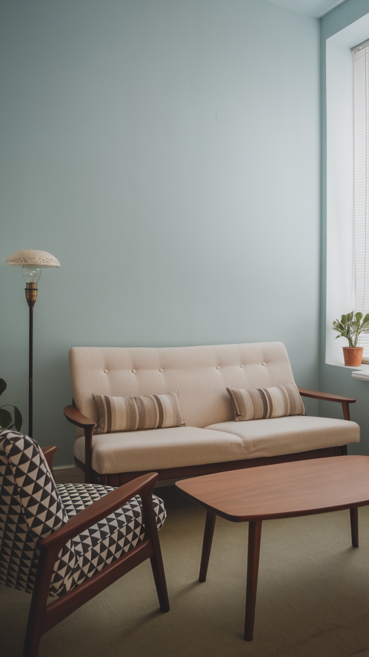 Serene Mid-Century Living Room with Soft Tones and Vintage Accents