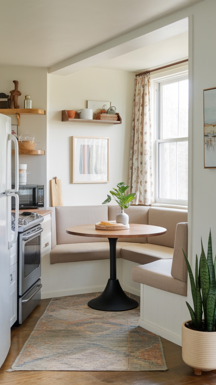 Cozy Compact Kitchen with Built-In Nook and Bright Accents